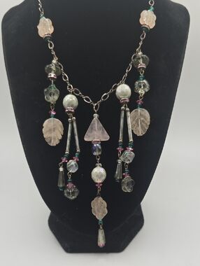 Iris Lane Sterling Silver Pink and Green Gemstone Beaded Drop Necklace